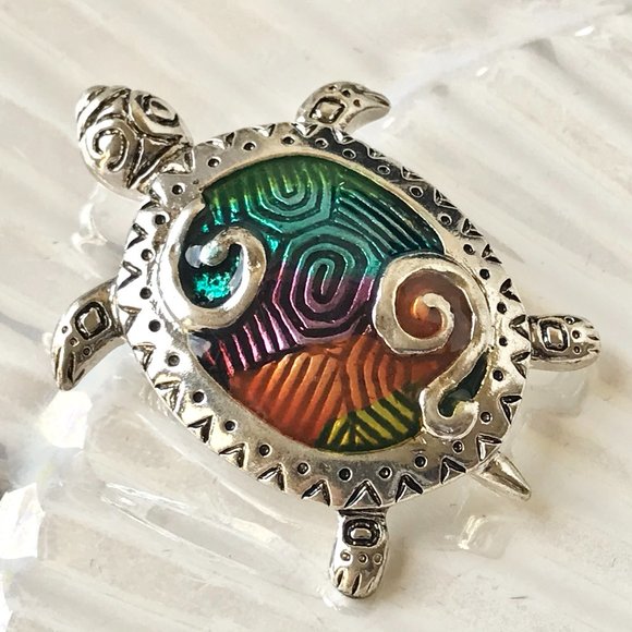 Silver Sea Turtle Brooch Pendant Necklace Pin Enamel Multicolor Rhodium Plated - Picture 1 of 10
